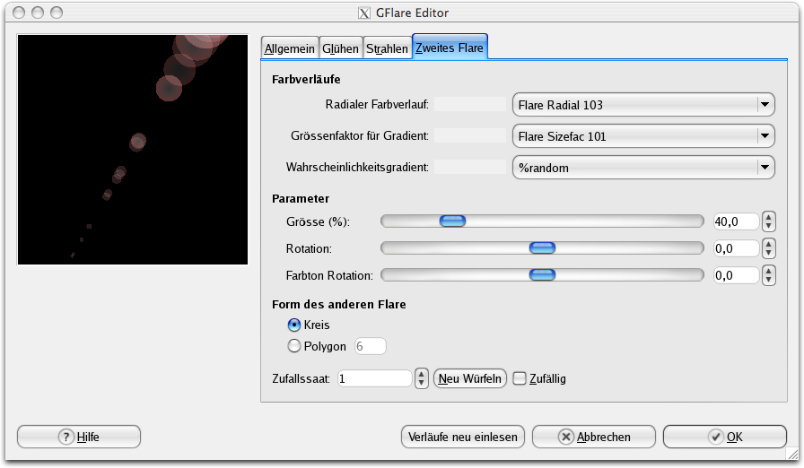 Eigenschaften im Reiter Zweites Flare für den GFlare-Editor